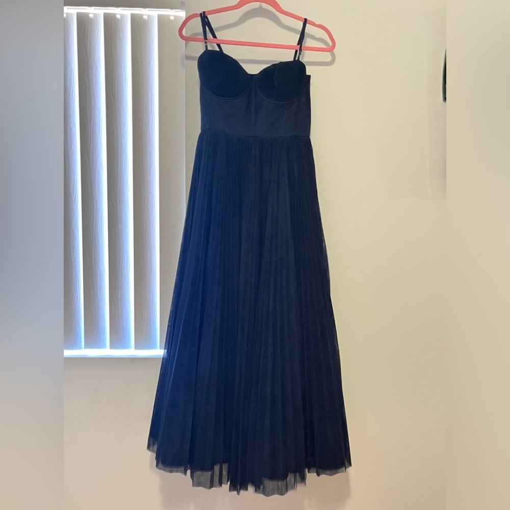 Hutch Amara Bustier Pleated Tulle Fit & Flare Midi Dress: color navy